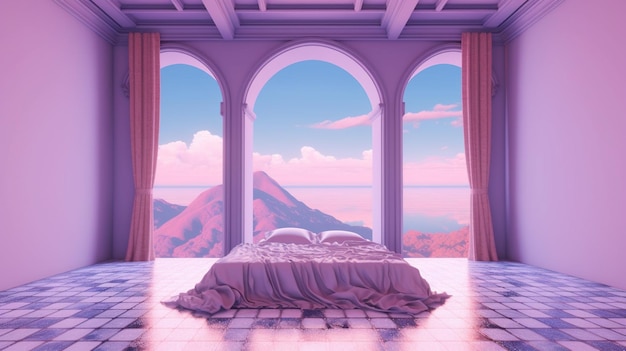 Generative AI Fantasy sala relax viola con finestre ad arco del letto da sogno e uno splendido paesaggio