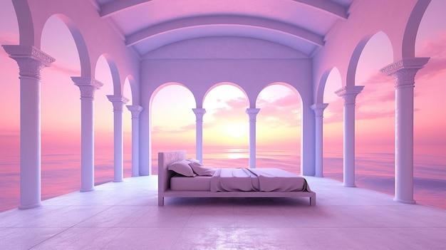 Generative AI Fantasy sala relax viola con finestre ad arco del letto da sogno e uno splendido paesaggio