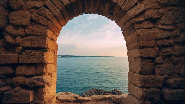 Generative AI finestre storiche ad arco in pietra medievale con vista romantica sul mare o sullo sfondo del paesaggio estivo dell'oceano