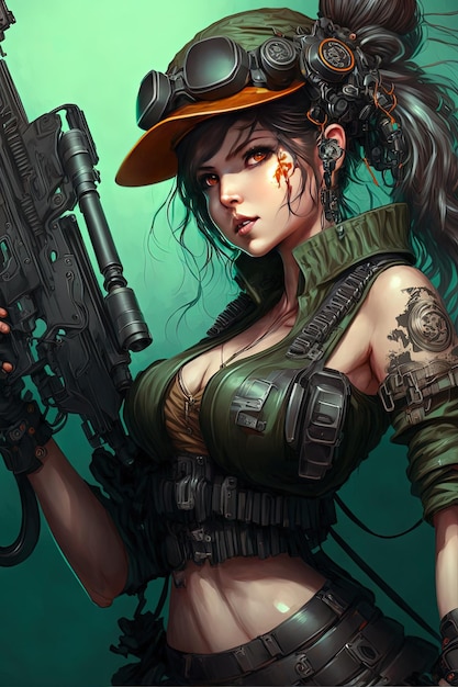 Generative AI Generative AI Bella donna cacciatrice di spazio Cyberpunk con una grossa pistola e attrezzi dell'esercito