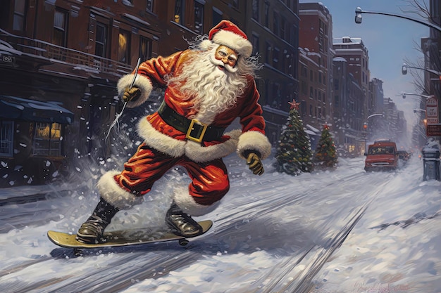 Generative AI illustrazione di Babbo Natale su uno skateboard che passeggia per le strade di New York in un giorno nevoso Giorni di NataleArte digitale