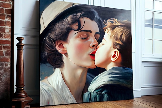 Generative AI illustrazione di madre attraente che bacia il suo piccolo figlio
