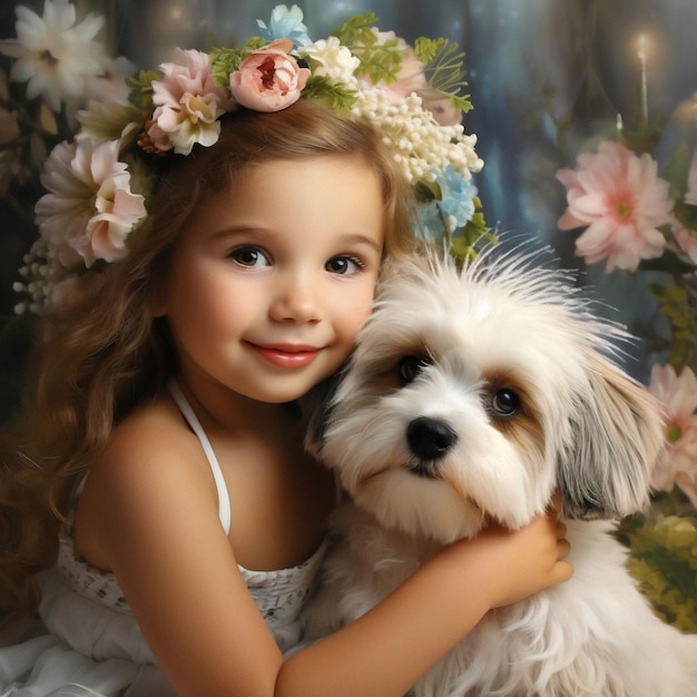 Generative AI Joyful Companions Delighted 9YearOld Girl e Ecstatic Dog condividono la pura felicità O
