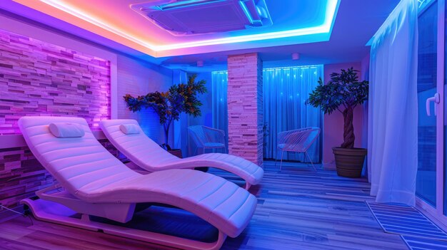 Generative AI Lounge spa salone in colori neon cromoterapia relax interno