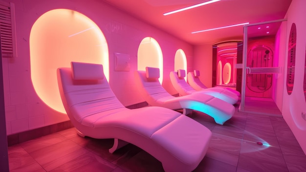 Generative AI Lounge spa salone in colori neon cromoterapia relax interno