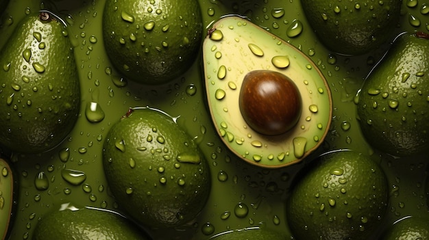 Generative AI Macro Fresh Juicy metà e intero di sfondo verde di frutta avocado come motivo