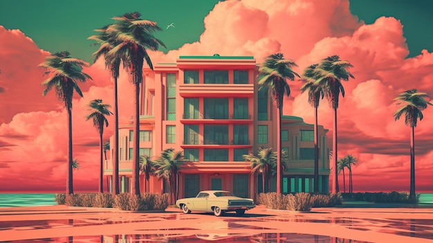 Generative AI Miami Summer Vibes illustrazione retrò Edifici di colori rosa e blu vintage