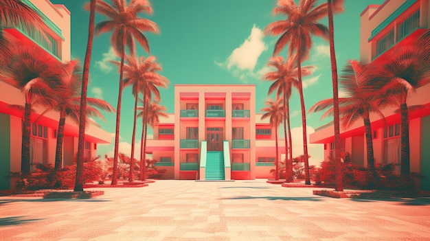 Generative AI Miami Summer Vibes illustrazione retrò Edifici di colori rosa e blu vintage