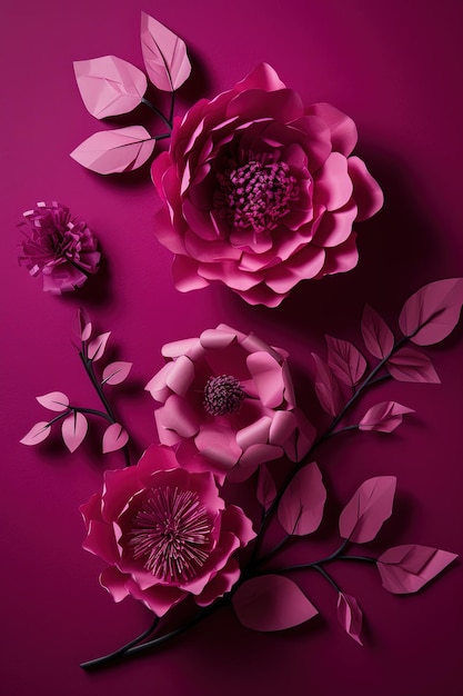 Generative AI Paper cut craft fiori e foglie viva origami floreali color magenta