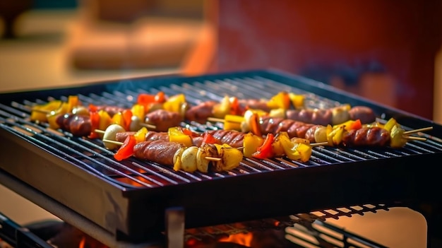 Generative AI primo piano di un barbecue in un campeggio con un vibrante barbecue