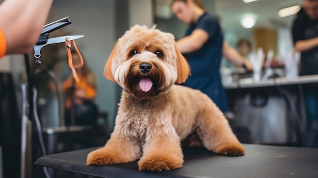 Generative AI Professional groomer taglia la pelliccia con forbici e tosatrice al piccolo sorriso cane labra