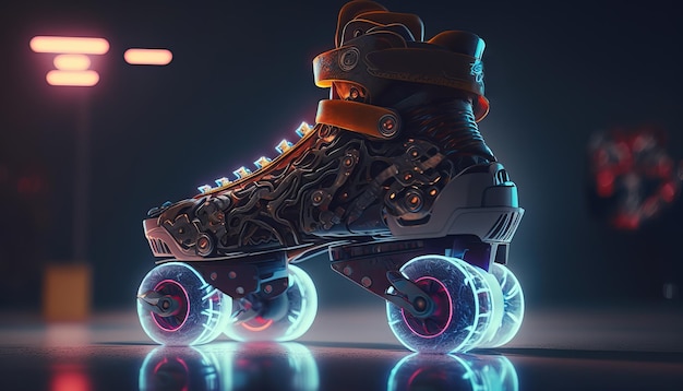 Generative AI Roller skate in discoteca in stile cyberpunk nostalgico anni '80 anni '90 Luci notturne al neon vibranti