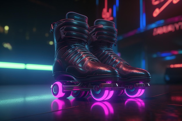 Generative AI Roller skate in discoteca in stile cyberpunk nostalgico anni '80 anni '90 Luci notturne al neon