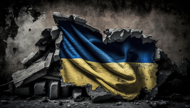 Generative AI Ruined Ukraine banner Bandiera ucraina su cemento rotto incrinato macerie frantumate