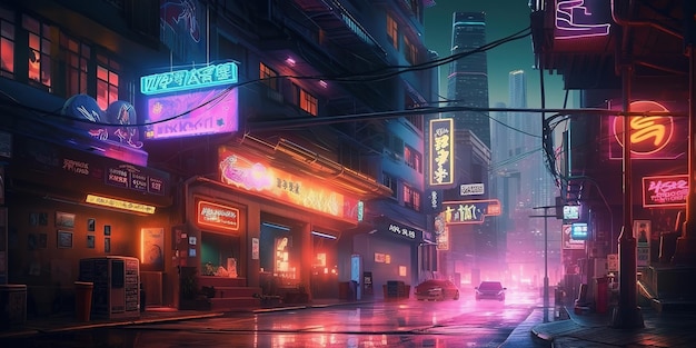 Generative AI Scena notturna della città dopo la pioggia in stile cyberpunk futuristico nostalgico anni '80 anni '90
