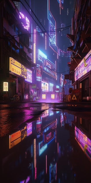 Generative AI Scena notturna della città dopo la pioggia in stile cyberpunk futuristico nostalgico anni '80 anni '90