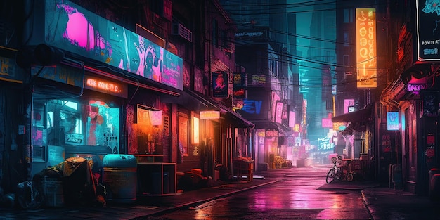 Generative AI Scena notturna della città dopo la pioggia in stile cyberpunk futuristico nostalgico