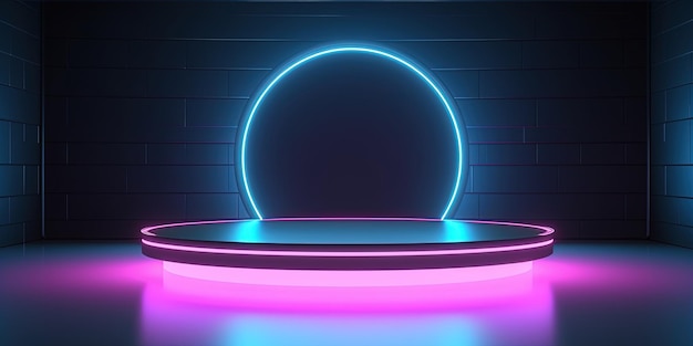 Generative AI SciFi Banner futuristico al neon con podio Astratto sfondo cyberpunk