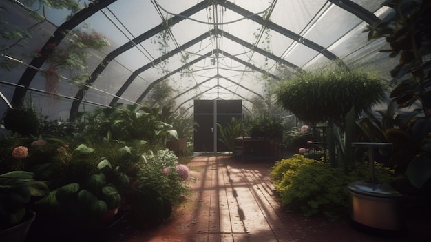 Generative AI Serra dal giardino di vetro tenda di vetro con un sacco di piante
