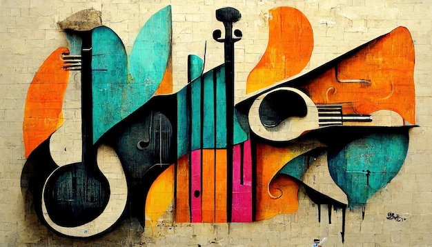 Generative AI Street art con sagome di chiavi e strumenti musicali Inchiostro colorato graffiti art