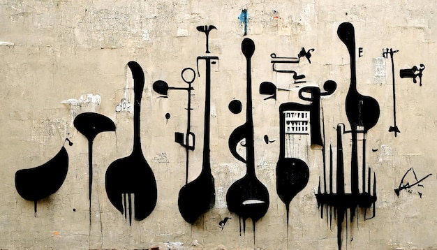 Generative AI Street art con sagome di chiavi e strumenti musicali Ink graffiti art