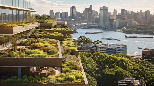 Generative AI Sydney Australia vista dei tetti verdi in cima a strutture contemporanee
