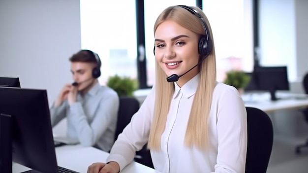 Generative AI un'allegra telemarketing femminile e uno striscione per ufficio che pubblicizza le vendite e l'help desk
