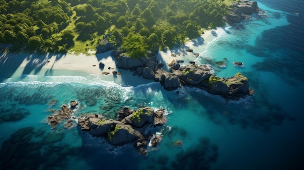 Generative AI Un drone ha catturato una vista aerea di un'isola paradisiaca remota avvolta in dense foreste di palme con baie isolate e barriere coralline vibranti lungo la sua costa