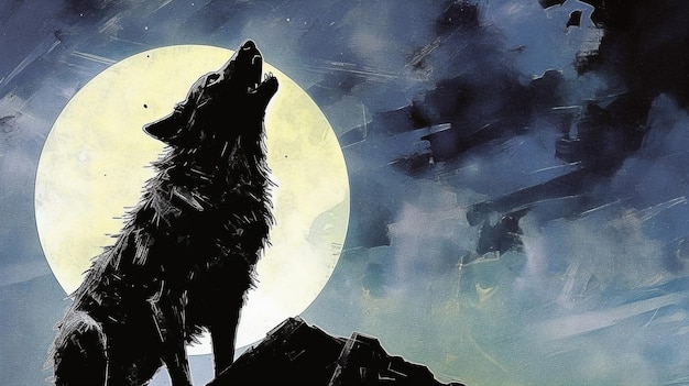 Generative AI Un maestoso lupo che ulula alla luna contro un cielo notturno
