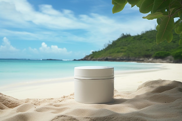 Generative AI un packaging cosmetico sulla sabbia di una spiaggia