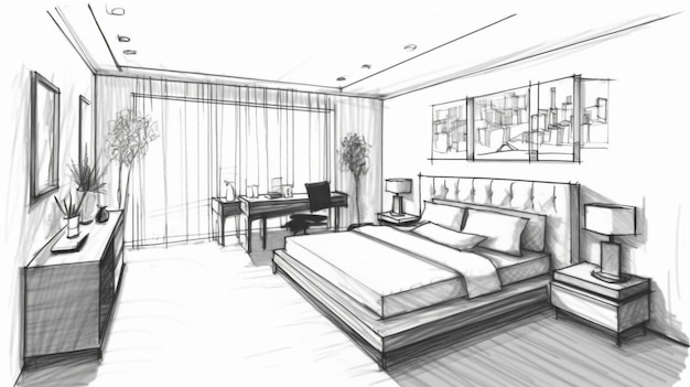 Generative AI una camera da letto minimalista con una cabina armadio che disegna a mano uno schizzo del progetto di interior design mentre il luogo prende forma