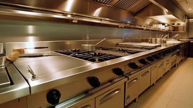 Generative AI una cucina professionale e un bancone a vista in acciaio inox