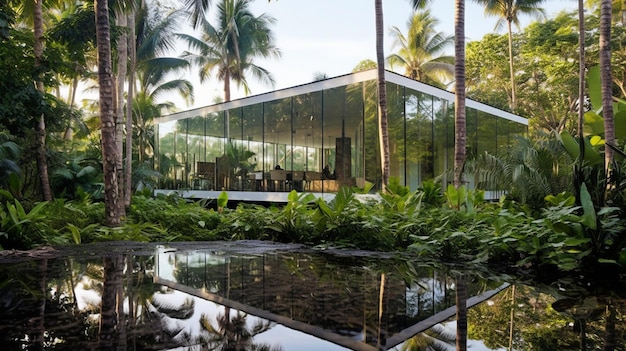 Generative AI una moderna struttura in vetro completamente trasparente e un giardino tropicale
