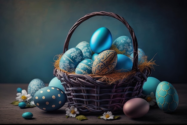 Generative AI uova di Pasqua in un cesto sullo sfondo di una stanza blu colori pastello concetto di primavera uova di Pasqua colore iridescente illustrazione brillante e perlacea