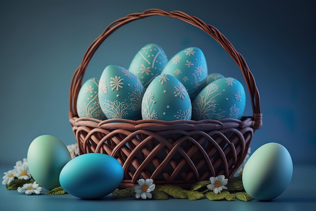 Generative AI uova di Pasqua in un cesto sullo sfondo di una stanza blu colori pastello concetto di primavera uova di Pasqua colore iridescente illustrazione brillante e perlacea