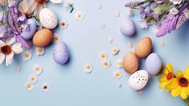 Generative AI Uova di Pasqua pastello con fiori su uno sfondo delicato composizione flatlay Illustrazione orizzontale