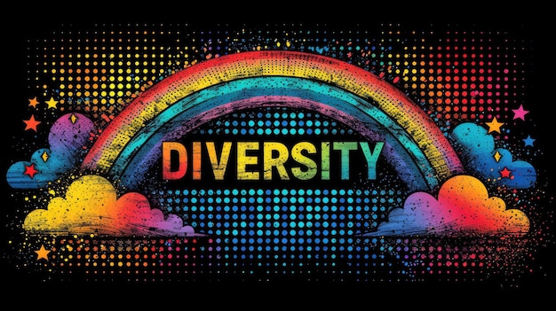 Generative AI Word Diversity con arcobaleno colorato disegnato su sfondo nero