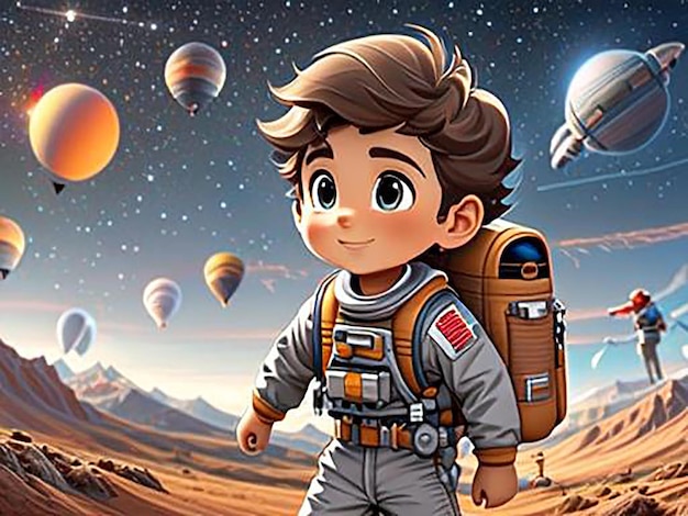 Generativo ai adorabile ragazzo astronauta nello spazio esterno in piedi su un pianeta luminoso asteroidi colorati e