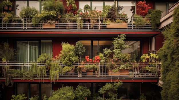 Generativo AI bellissimo balcone circondato da un giardino in stile tropicale che sboccia fiori