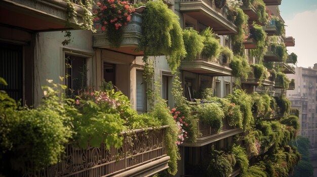 Generativo AI bellissimo balcone circondato da un giardino in stile tropicale che sboccia fiori