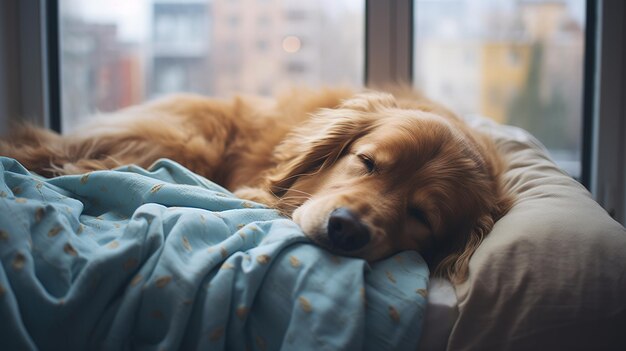 Generativo AI cane carino che dorme su una coperta calda accogliente vicino alla finestra in stile hygge