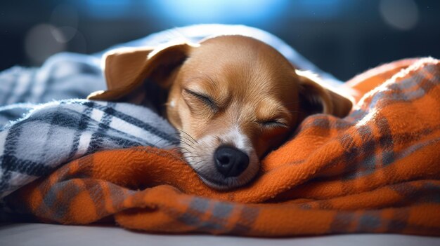 Generativo AI cane carino che dorme su una coperta calda accogliente vicino alla finestra in stile hygge