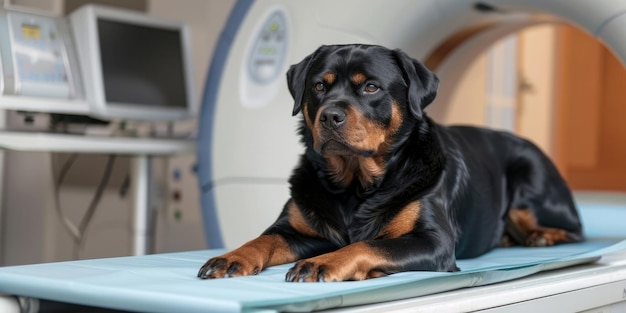 Generativo AI Cane sul tavolo durante l'esame MRI in chirurgia veterinaria ospedale clinica veterinaria striscione