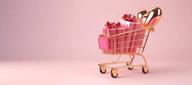 Generativo AI carrello d'acquisto dorato e rosa con molte scatole regalo su sfondo rosa sconto e vendita del concetto del giorno di San Valentinox9xA