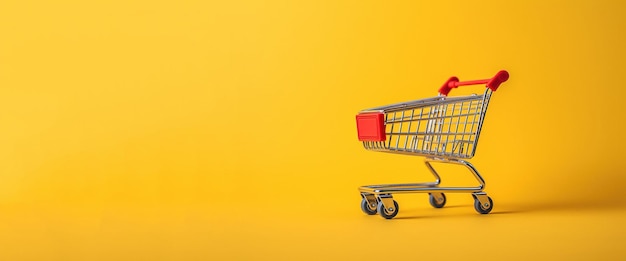 Generativo AI carrello della spesa metallico rosso su sfondo giallo negozio minimalista online