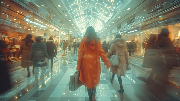 Generativo AI centro commerciale stile degli anni '80 con persone movimento sfocato sfocato sullo sfondo astratto