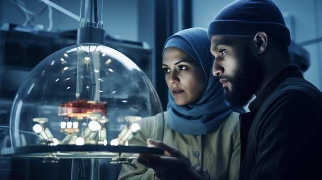 Generativo ai coppia mediorientale di scienziato che lavora al laboratorio futuristico
