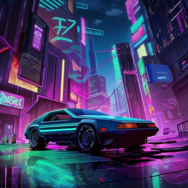 Generativo ai futuristico cyberpunk neon city night con panorama di grattacieli e corse di velocità di auto