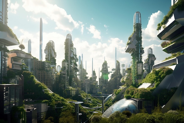 Generativo ai futuristico skyline della città incentrato sulla sostenibilità