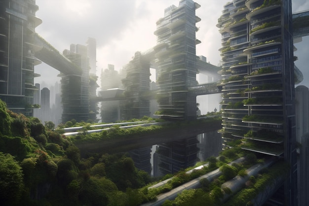 Generativo ai futuristico skyline della città incentrato sulla sostenibilità